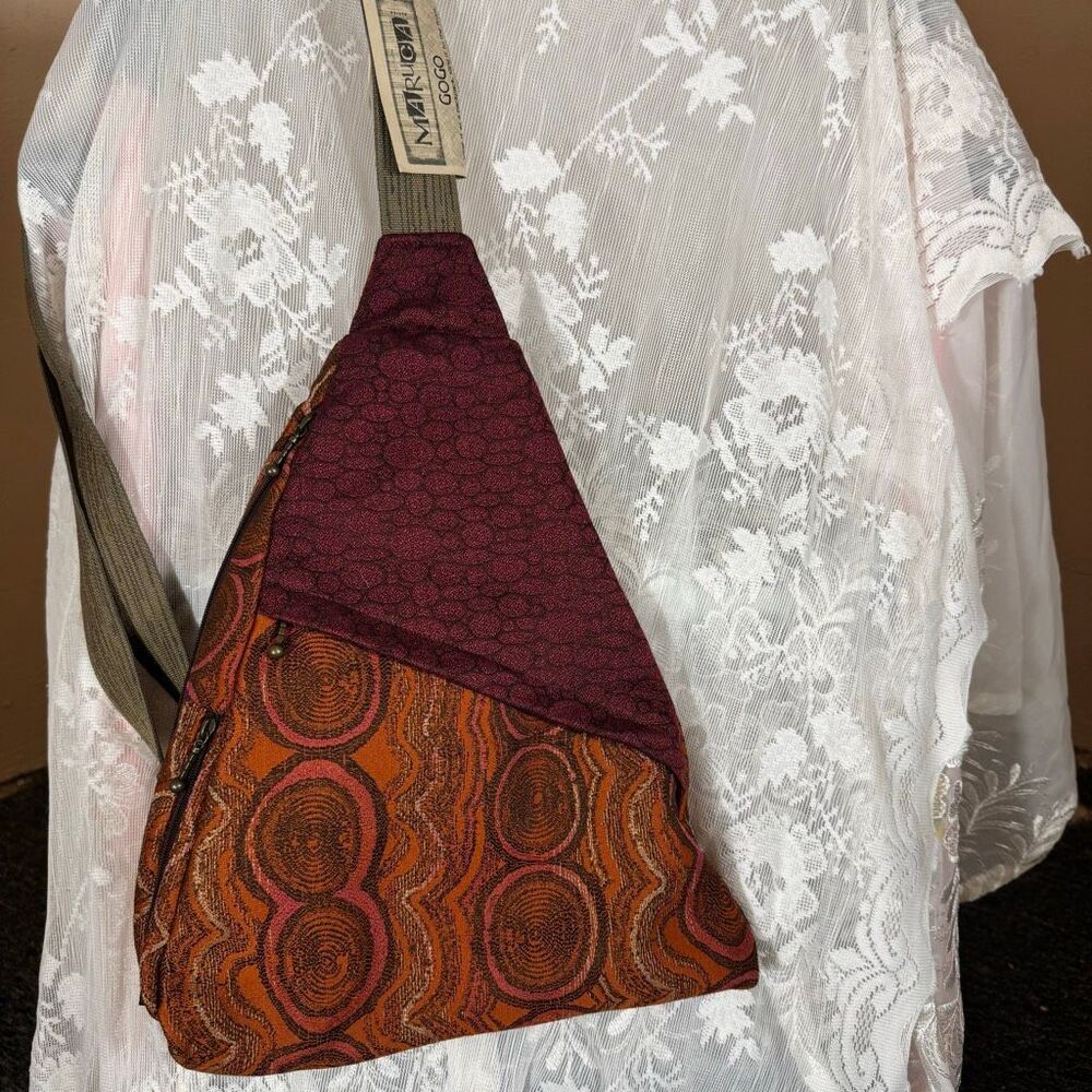 Maruca “Gogo” Sling Bag – Burnt Orange Spiral & Burgundy Mixed Print | NWT